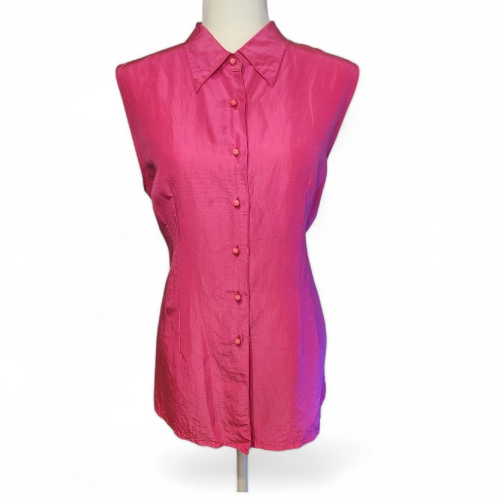 Vintage JORDAN Silk Linen Pink Sleeveless Button Front Blouse 1980 1990 Size 16